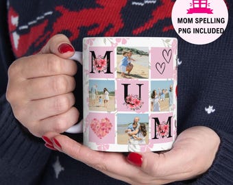 May include: White ceramic mug with a pink and white floral design. The mug has a collage of photos with the word "MUM" spelled out in pink letters with floral accents.