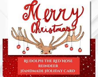 Cartes de Noël-Rudolph-Joyeux Noël-Carte de voeux-Carte de Noël faite main-Aquarelle-Voeux de Noël-Carte de Noël coffret cadeau