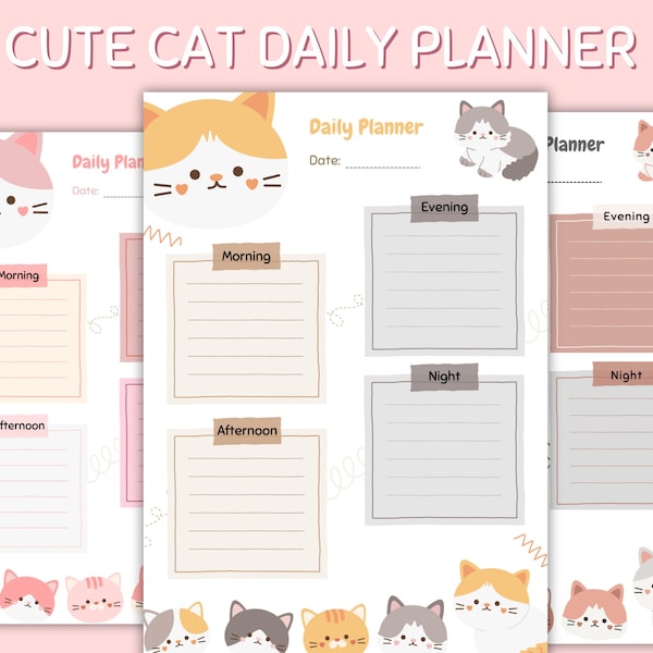 Cute Daily Planner | Editable Daily Planner Canva | Cat Daily Planner | A4 Size Daily Planner | Canva Template Daily Planner