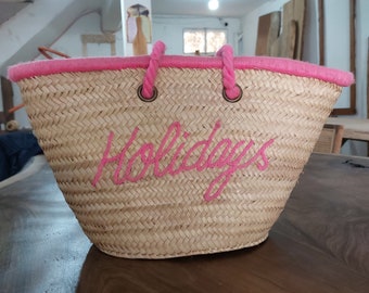 Cesta de paja personalizada-nombre personalizado bolso de mano tejido-cesta de playa hecha a mano con monograma - bolso de verano Boho Chic - bolso tejido a mano personalizable