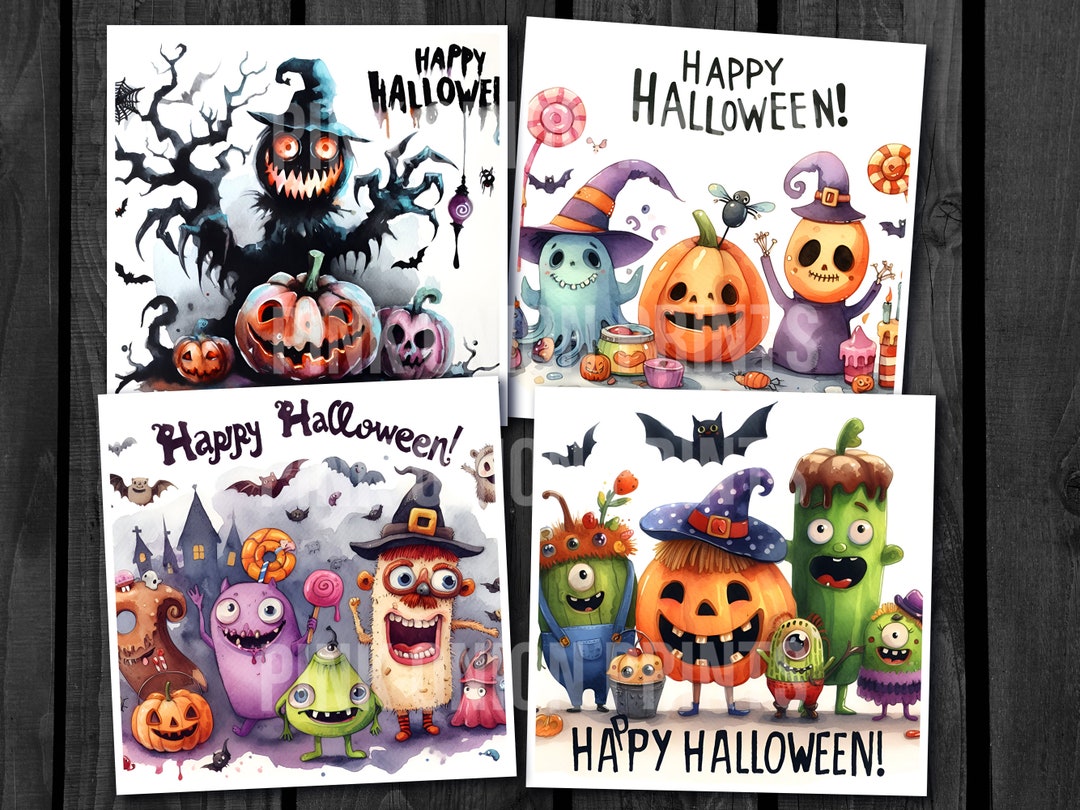 Set of 4 Printable Digital Halloween Funny Cards 4 Halloween - Etsy