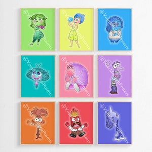 Inside Out 2 Postacie - Dekoracja pokoju dziecięcego - Urocze plakaty, sztuka akwarelowa - Radość, niepokój, nostalgia, zazdrość, zażenowanie, obrzydzenie