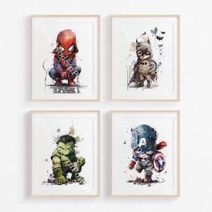 4er-Set Superhelden-Aquarelldrucke, Superhelden-Wanddekor, Kinderzimmerdekor, Kunstgaleriewand, Set-Superhelden-Poster, Babyzimmerdekor