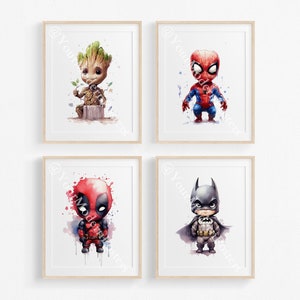 4er-Set Superhelden-Aquarelldrucke, Superhelden-Wanddekor, Kinderzimmerdekor, Kunstgaleriewand, Set-Superhelden-Poster, Babyzimmerdekor