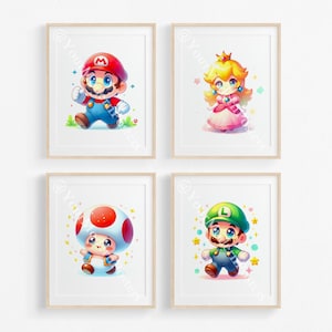 Süßes Super Mario Poster Set für Kinder, Super Mario Gemälde, Mario Wandkunst - Mario und Luigi - Aquarell Poster, Kinderzimmer Kunst