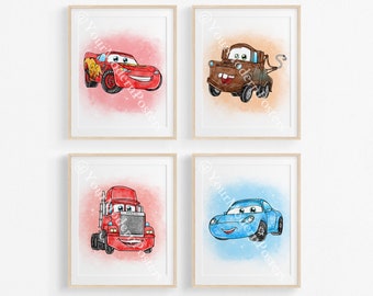 Set di 4 poster di auto ad acquerello - Decorazione da parete con auto - Decorazione da parete ad acquerello - Stampa di auto - Regalo per baby shower - Regalo di compleanno per ragazzi