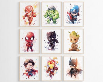 Chibi Superhero Prints - Superhero Wall Art Decor - Nursery Room Decor - Art Gallery Wall - Set of 9 Superhero Posters - Baby Room Decor