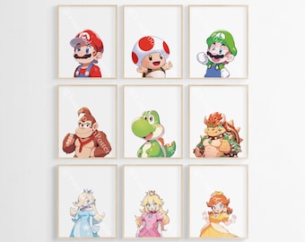 Cute Set Of 9 Super Mario Posters - Prints for Kids, Super Mario Painting, Mario Wall Art - Mario And Luigi - Watercolor Poster, Nursery Art