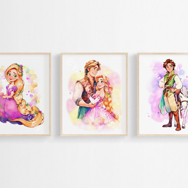 Set Of 3 Princess Rapunzel Posters - Cute Poster Prints - Watercolor Painting - Girl Room Wall Decoration, Princess Watercolor Art