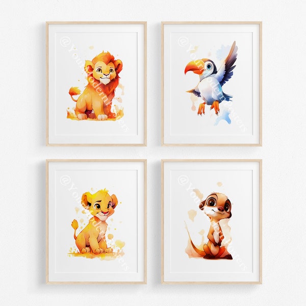 Lot de 4 affiches Le Roi Lion - Décoration murale pour chambre de bébé - Art mural aquarelle - Impressions Simba, Mufasa - Cadeau enfant, bébé - Collection aquarelle