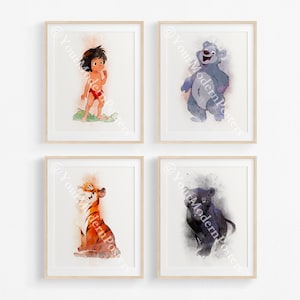 May include: Set of four watercolor prints featuring characters from The Jungle Book. The prints feature Mowgli, Baloo, Shere Khan, and Bagheera.