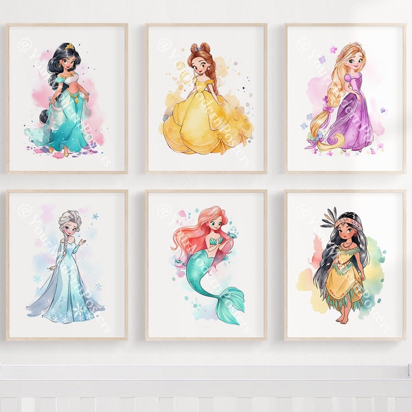 Lot de 6 affiches Princesses - Art mural - Déco pour chambre de fille - Chambre de bébé princesse - Déco pour chambre d'enfant à imprimé princesse