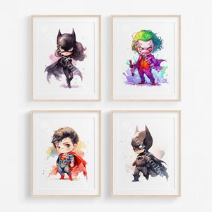 Lindos estampados de superhéroes Chibi - Decoración de arte de pared de superhéroes - Decoración de pared de galería de sala de guardería - Juego de 4 carteles de superhéroes - Decoración de habitación de bebé