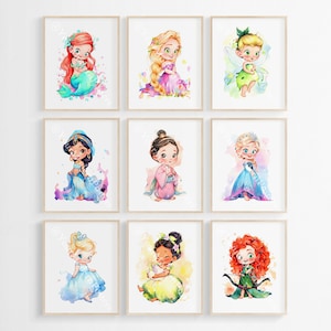 Cute Princesses Set Of 9 Posters - Wall Art Decor - Girl Room Decor - Princess Theme Room - Princess Nursery - Princess Print Bedroom Decor