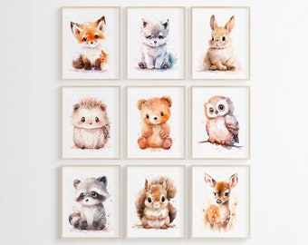 Stampe per cameretta dei bambini con tema bosco - Decorazioni per cameretta dei bambini con acquerello - Stampe di animali del bosco per cameretta dei bambini - Decorazioni murali per cameretta dei bambini senza genere