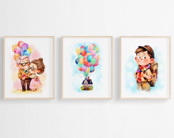 Set Of 3 Up Movie Posters - Balloon House Print - Watercolor Style Prints - Kids Room Decor - Wall Art Gift - Girl Room Wall Decoration