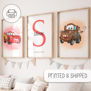 Arte acquerello personalizzata del film Cars - Regali da parete per la cameretta dei bambini - Stampa del nome iniziale personalizzata - Dipinto McQueen - Poster regalo di arte murale