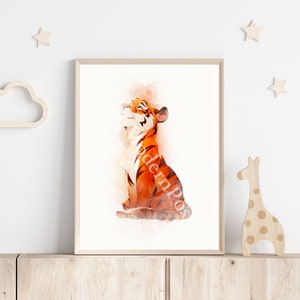 May include: A watercolor painting of a cartoon tiger sitting up and looking up. The tiger is orange and black with a white background.