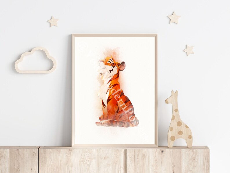 May include: A watercolor painting of a cartoon tiger sitting up and looking up. The tiger is orange and black with a white background.