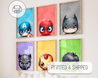 Lot de 6 oeuvres d'art murales colorées de super-héros, décoration de chambre de garçon - Imprimables pour enfants, thème super-héros - Art mural super-héros - décoration de chambre d'enfant