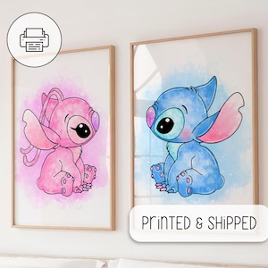 Cute Stitch and Angel Watercolor Art - Nursery Room Wall Gifts - Lilo And Stitch Poster - Nursery Room Wall Decor, Ohana Means Family Poster