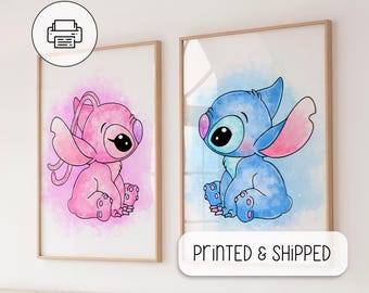 Cute Stitch and Angel Watercolor Art - Nursery Room Wall Gifts - Lilo And Stitch Poster - Nursery Room Wall Decor, Ohana Means Family Poster