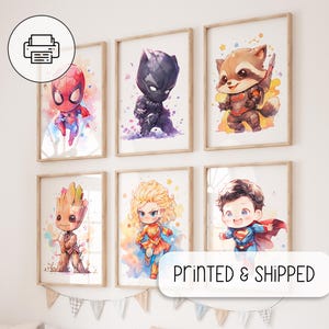 Láminas de superhéroes chibi - Decoración de pared con superhéroes - Decoración de habitación infantil - Galería de arte de pared - Juego de 6 carteles de superhéroes - Decoración de habitación de bebé