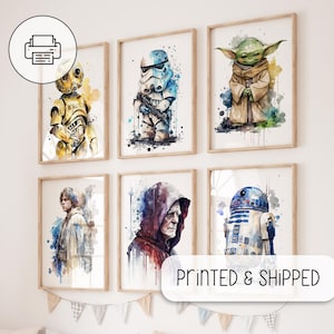 Juego de 6 carteles de acuarela de Star Wars, decoración de habitación infantil, galería de arte de pared, decoración de habitación de fans de Star Wars, impresión de arte de acuarela, arte de Stormtrooper