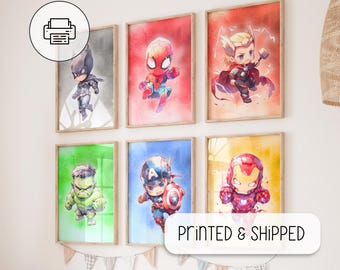 Superhero Poster Kids, Superhero Watercolor Nursery, Set of 6 Superhero Posters, Gentle Superhero Print, Cute Superhero Nursery Decoration
