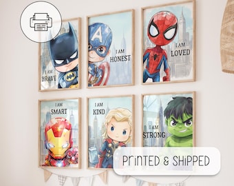 Superhero Poster Kids, Superhero Watercolor Nursery, Set of 6 Superhero Posters, Gentle Superhero Print, Cute Superhero Nursery Decoration