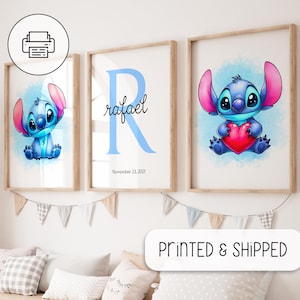 Arte de acuarela personalizado de Lilo y Stitch, regalos de decoración de pared para habitación de bebé, impresión de nombre inicial personalizada, pintura de puntada, póster de regalo de arte de pared