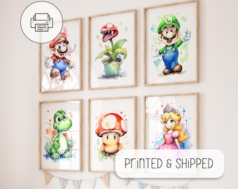 Cute Set Of 6 Super Mario Posters - Prints for Kids, Super Mario Painting, Mario Wall Art - Mario And Luigi - Watercolor Poster, Nursery Art