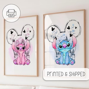 Cute Stitch and Angel Watercolor Art - Nursery Room Wall Gifts - Lilo And Stitch Poster - Nursery Room Wall Decor, Ohana Means Family Poster