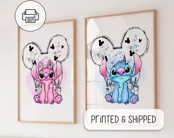 Cute Stitch and Angel Watercolor Art - Nursery Room Wall Gifts - Lilo And Stitch Poster - Nursery Room Wall Decor, Ohana Means Family Poster