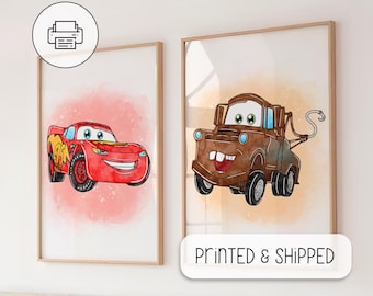 Set Of 2 Watercolor Cars Movie Prints - Boy Gift Poster - Cars Nursery Boys Room Bedroom Prints - Nursery Art Decor - Cars Movie Poster