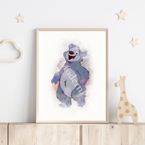 May include: A watercolor illustration of a cartoon bear with a light blue and purple color scheme. The bear is smiling and standing on a white background.