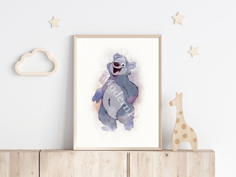 May include: A watercolor illustration of a cartoon bear with a light blue and purple color scheme. The bear is smiling and standing on a white background.