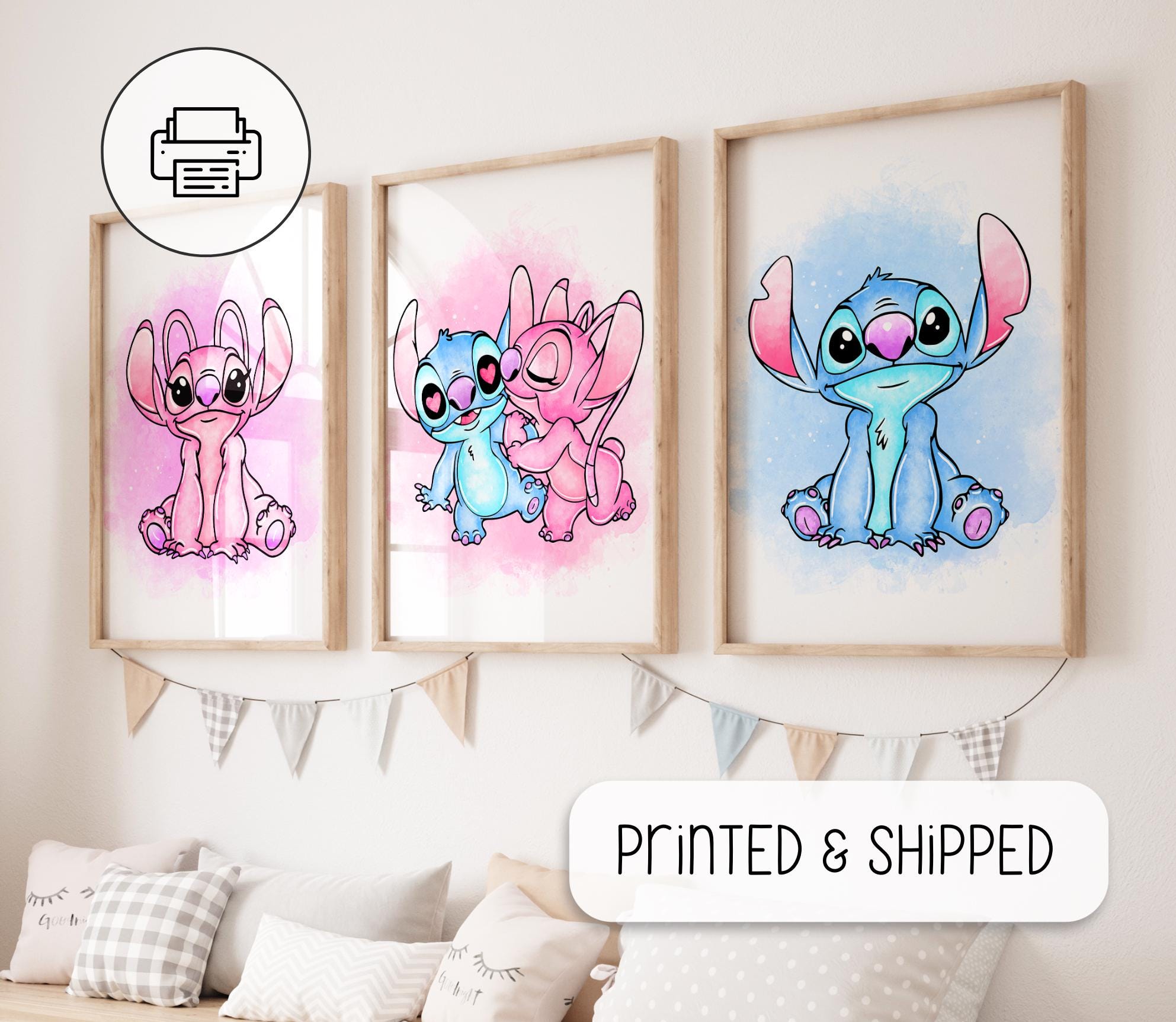Cute Stitch and Angel Watercolor Art - Nursery Room Wall Gifts - Lilo And Stitch Poster - Nursery Room Wall Decor, Ohana Means Family Poster