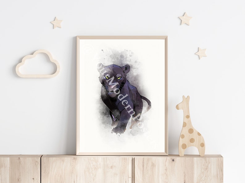 May include: A black panther with yellow eyes is depicted in a watercolor style against a white background. The panther is looking directly at the viewer with a serious expression. The image is framed in a light brown frame.