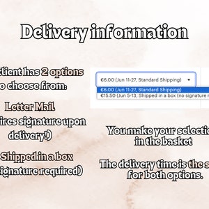 May include: A screenshot of a website showing two delivery options for a product. The options are "Letter Mail (requires signature upon delivery)" and "Shipped in a box (no signature required)". The price for both options is &euro;6.00. The delivery time is the same for both options.