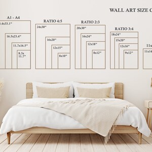 May include: A wall art size guide with different ratios and sizes in inches. The guide shows the dimensions of various sizes of wall art, including 23.4x33.1 inches, 24x30 inches, 20x30 inches, 18x24 inches, 16.5x23.4 inches, 16x24 inches, 16x20 inches, 15x20 inches, 11.7x16.5 inches, 12x18 inches, 12x15 inches, 12x16 inches, 11x14 inches, 8.3x11.7 inches, 8x12 inches, 9x12 inches, and 11x14 inches.