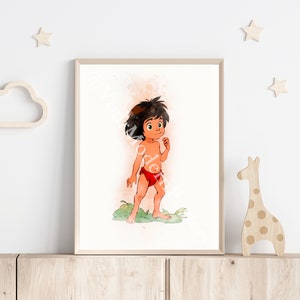 May include: A watercolor illustration of Mowgli, the boy from Disney's The Jungle Book, standing in a jungle setting. He is wearing a red loincloth and has a brown complexion. The background is a soft orange watercolor wash.