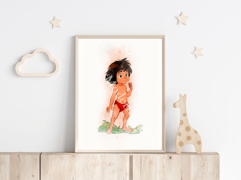 May include: A watercolor illustration of Mowgli, the boy from Disney's The Jungle Book, standing in a jungle setting. He is wearing a red loincloth and has a brown complexion. The background is a soft orange watercolor wash.