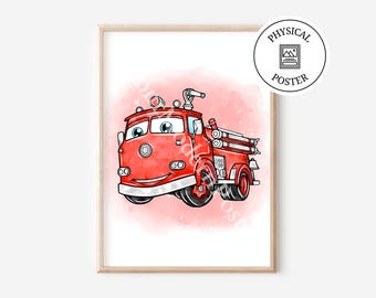 Watercolor Effect Firetruck Poster: Kids Car Wall Art