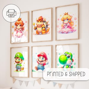 Cute Set Of 6 Super Mario Posters - Prints for Kids, Super Mario Painting, Mario Wall Art - Mario And Luigi - Watercolor Poster, Nursery Art