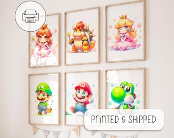 Cute Set Of 6 Super Mario Posters - Prints for Kids, Super Mario Painting, Mario Wall Art - Mario And Luigi - Watercolor Poster, Nursery Art
