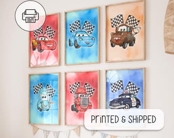 Conjunto de 6 impressões de carros em aquarela - pôster de presente para meninos - impressões de carros para quarto de meninos - decoração de arte para berçário - pôster do filme Carros