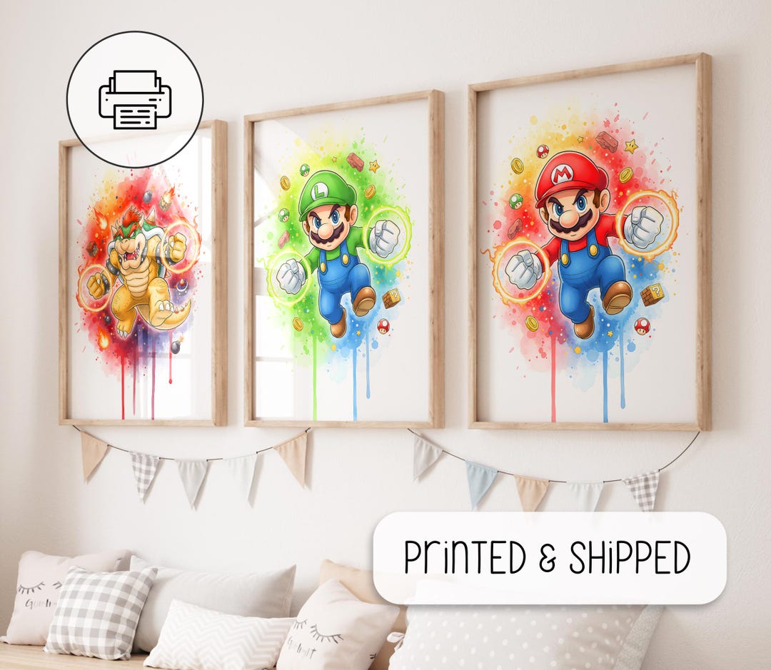 Cute Set of 3 Super Mario Posters - Prints for Kids, Mario Painting ...