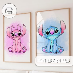 Cute Stitch and Angel Watercolor Art - Nursery Room Wall Gifts - Lilo And Stitch Poster - Nursery Room Wall Decor, Ohana Means Family Poster