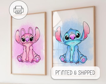 Cute Stitch and Angel Watercolor Art - Nursery Room Wall Gifts - Lilo And Stitch Poster - Nursery Room Wall Decor, Ohana Means Family Poster